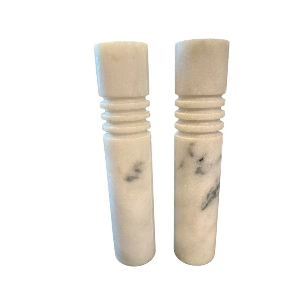 Vintage Marble MCM Candlesticks Pair White‎ & Grey 9”